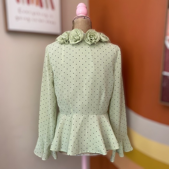 Vintage Isadora Collection Minty Polka Dot Peplum Blouse with Rosettes - Picture 2 of 3